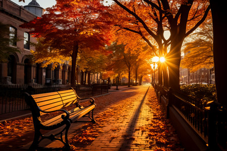 Bench in the park at sunset, autumn season in Tokyo, Japanの素材