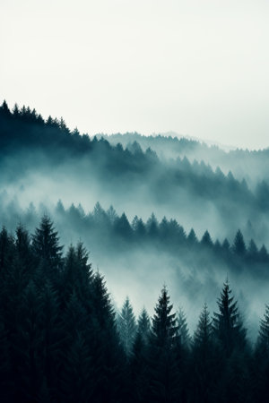 A serene mist-engulfed forest in November background with empty space for textの素材