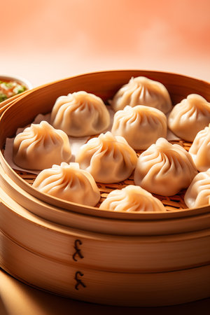 A close-up shot of a bamboo steamer filled with freshly steamed dumplings on a vibrant gradient backgroundの素材