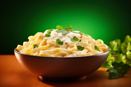 bowl of creamy fettuccine with parsley on green backgroundの素材