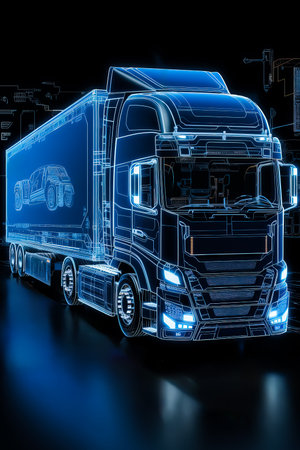 3D illustration of a wireframe futuristic truck with a trailerの素材