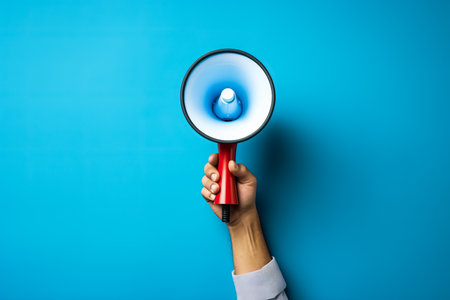 Business Hand with megaphone sticking out of wall advertises job openings on blue backgroundの素材