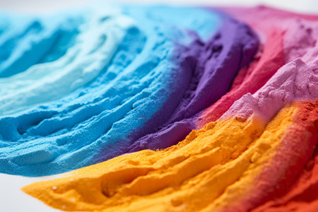 Close-up of rainbow-colored sand stripes with copy space on white backgroundの素材