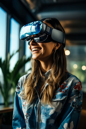 Smiling young woman wearing virtual reality goggles in the room at nightの素材