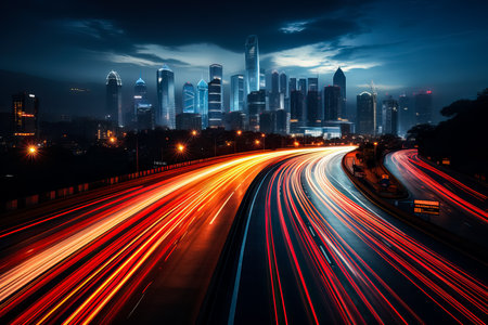 Long exposure captures the mesmerizing lights of cars driving at nightの素材