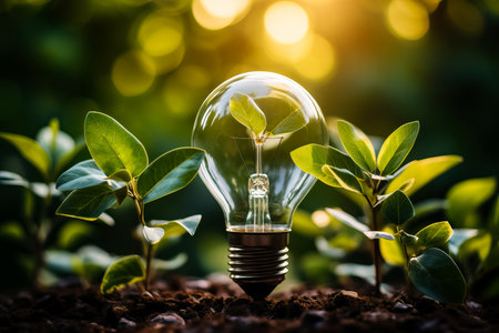 Light bulb with green plant growing on soil. Eco energy concept.の素材