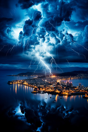 Thunderstorm over the city at night. Collage. Toned.の素材