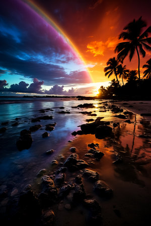 A mesmerizing moonbow casts an ethereal glow on a coastal landscape mesmerizing spectators with its rare and captivating beautyの素材