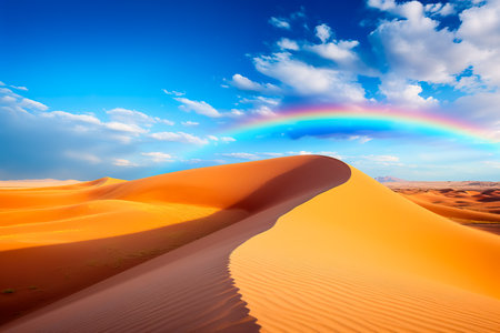Vibrant rainbow arcs gracefully over golden sand dunes creating a surreal and mesmerizing contrast in the desert landscapeの素材