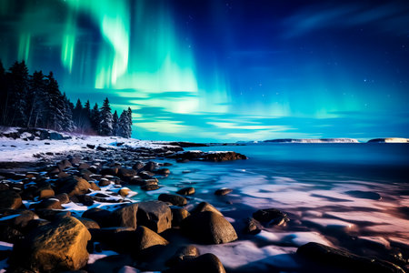 Captivating display of vibrant colors amidst the darkness - the breathtaking dance of the Aurora Borealis illuminates the Nordic skyの素材