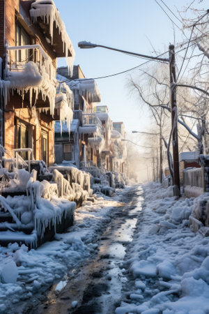 City landscape damaged by ice storm isolated on a white gradient backgroundの素材