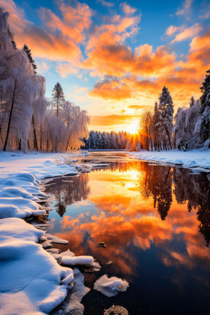 Frozen lake amidst a rustic setting reflecting the serene beauty of harsh wintersの素材