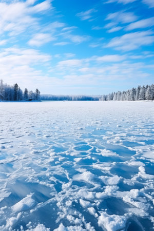 Frozen lake surface in the countryside background with empty space for textの素材