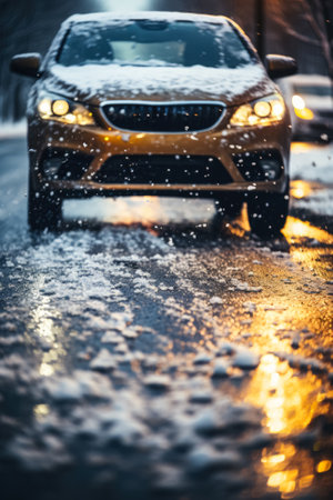 Car skidding on black ice illustrating the perils of winter road travelの素材