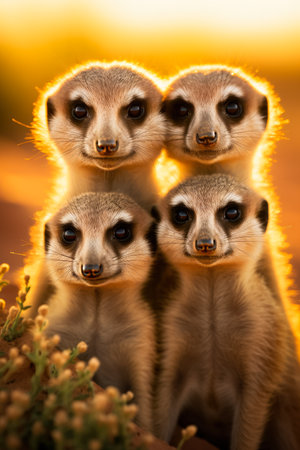 A close-up photo of a meerkat family huddled together playfully grooming and basking under the desert sunの素材