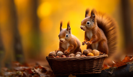 A charming squirrel family busily collecting nuts in the vibrant autumn colors of the forestの素材