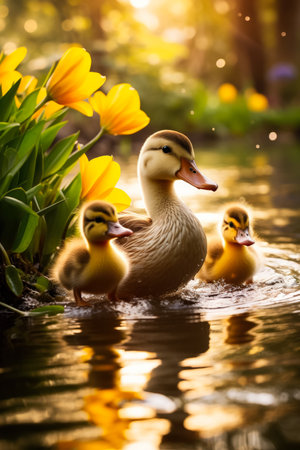 Cute ducklings follow their mom as they paddle gracefully across the sparkling pond creating a heartwarming sceneの素材