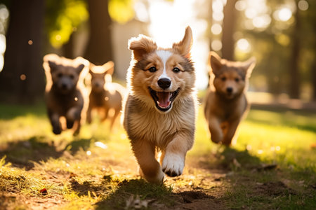 A heartwarming moment captured in a sunny park - playful puppies chasing their parent dogs background with empty space for textの素材