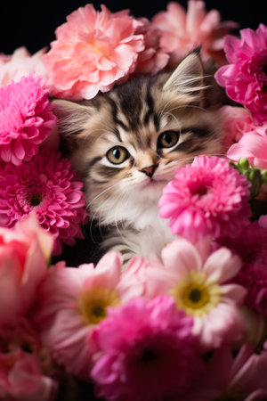 A heartwarming moment captured as a mother cat cuddles with her adorable newborn kittens in their cozy homeの素材