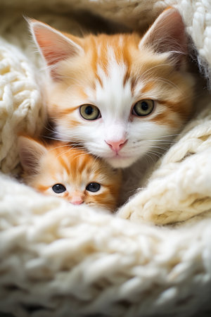 A heartwarming moment captured â newborn kittens snuggle with their protective mother basking in the warmth of their loving homeの素材