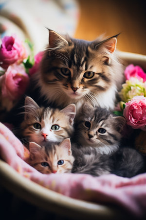 A heartwarming moment captured as a mother cat cuddles with her adorable newborn kittens in their cozy homeの素材