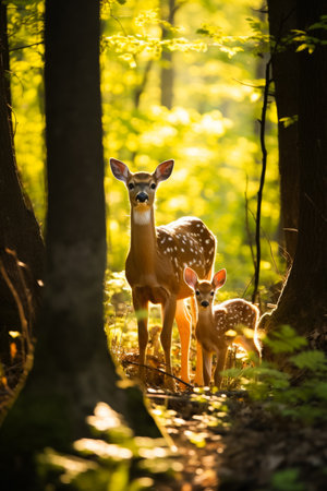 A peaceful doe tenderly watches over her slumbering fawn amidst the serene beauty of a sun-dappled woodlandの素材