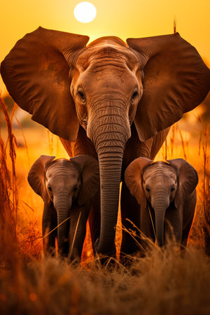 An adorable baby elephant is surrounded by its loving family showcasing the strong bond they share in the vast African savannahの素材