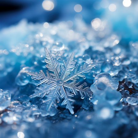 A close-up shot captures intricately detailed snowflakes resting gently on a shimmering icy blue surfaceの素材
