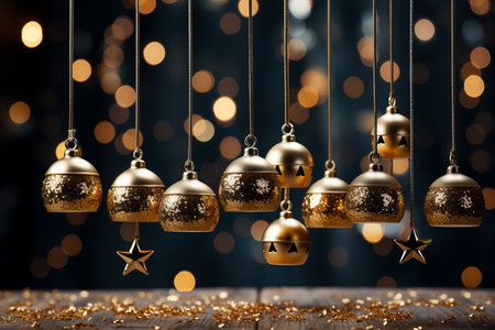 A collection of golden bell ornaments hanging on a glittery gradient background radiating elegance and festive cheerの素材