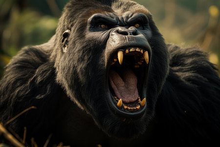 Gorilla yawning in the forest. Close-up.の素材