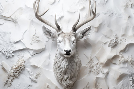 A close-up photo of a reindeer low relief sculpture on a snowy white background with empty space for textの素材