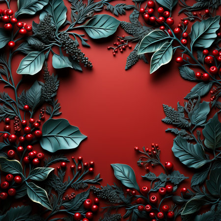 A close-up shot of intricately designed holly leaves with low relief against a festive red background providing empty space for textの素材