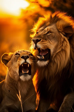 Lion couple in the savannah of Zimbabwe, South Africa.の素材