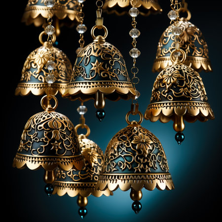 Golden bells gently dangle their intricate low relief patterns shining on the glittering background mesmerizing with festive eleganceの素材