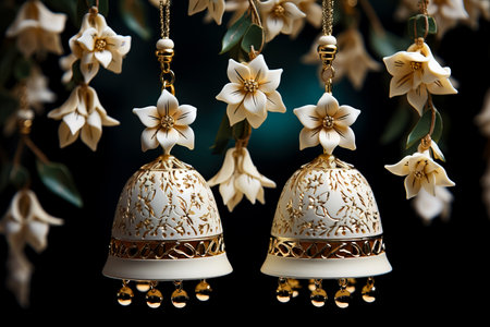 Golden Christmas bells with white flowers on a black background. Christmas decorations.の素材