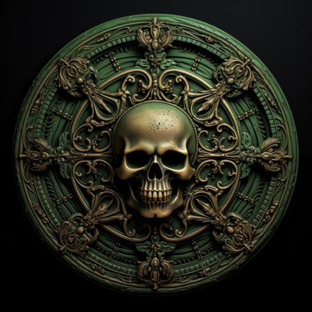 A menacing skull and crossbones carved in low relief on a dark green background offering room for captivating textの素材