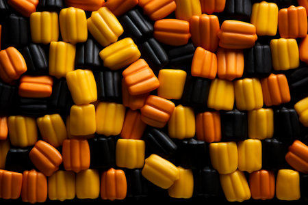 A close-up shot of candy corn patterns in low relief on a black gradient background with empty space for textの素材