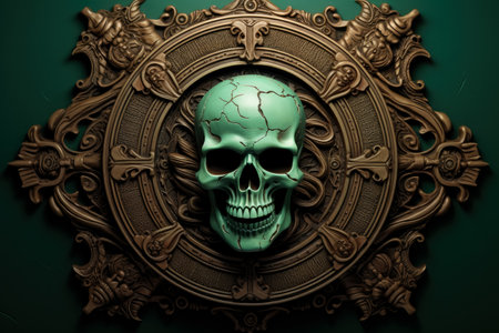 A menacing skull and crossbones carved in low relief on a dark green background offering room for captivating textの素材
