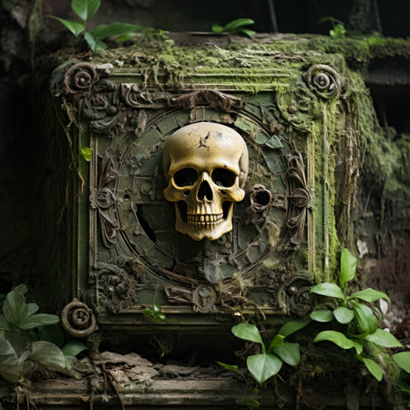 A weathered skull and crossbones barely visible on a crumbling green facade hint at a forgotten pirate hideoutの素材