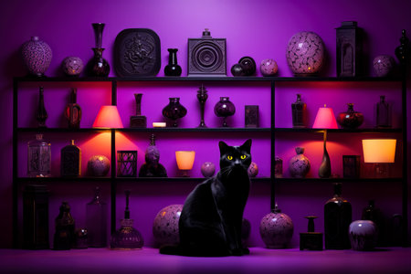 Black cat sitting on a shelf in a purple room, surrounded by decorative items.の素材