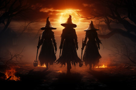 A group of mysterious witch silhouettes emerge from the shadows against a hauntingly beautiful moonlit skyの素材