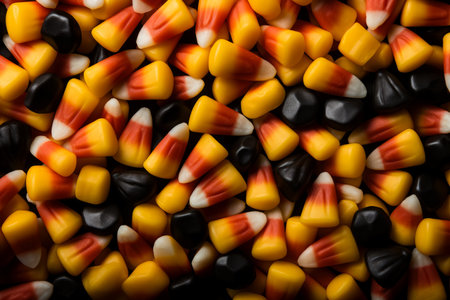 Candy corns laid out in a mesmerizing diagonal pattern adding a burst of sweetness against a dark gradient backdropの素材
