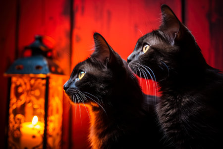 Two black cats in front of a burning candle on a wooden wallの素材