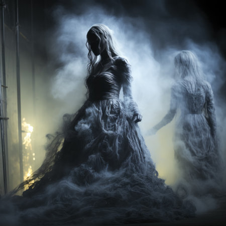 Fantasy scene of a girl in a long dress in a foggy roomの素材