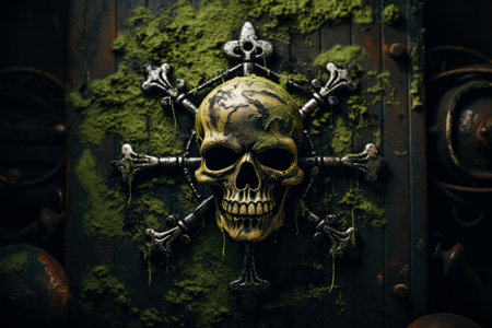 A menacing skull and crossbones emerge from a weathered green backdrop symbolizing danger and adventureの素材