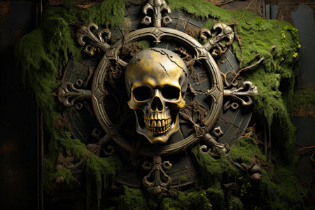 A menacing skull and crossbones emerge from a weathered green backdrop symbolizing danger and adventureの素材