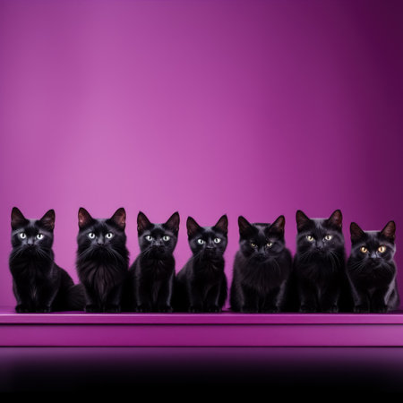 A captivating image of black cat silhouettes against a deep purple backdrop offering ample empty space for textの素材