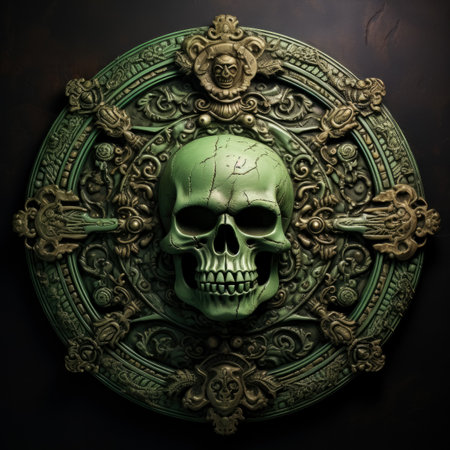 A menacing skull and crossbones carved in low relief on a dark green background offering room for captivating textの素材