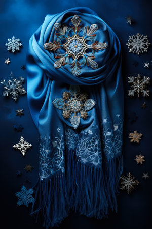 Abstract snowflake design on cashmere scarf isolated on a vibrant turquoise gradient backgroundの素材