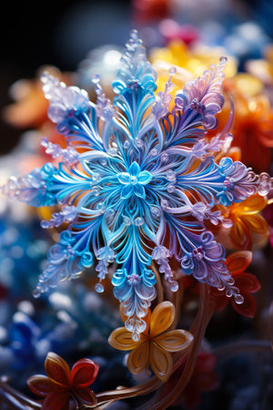Artistic blend of vibrant colors enhancing the intricate structure of a detailed snowflakeの素材